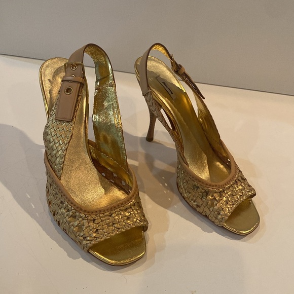 Miu Miu Gold Metallic Braided Leather Open Toe Slingback Sandals Size 37.5 EUC - Picture 15 of 15